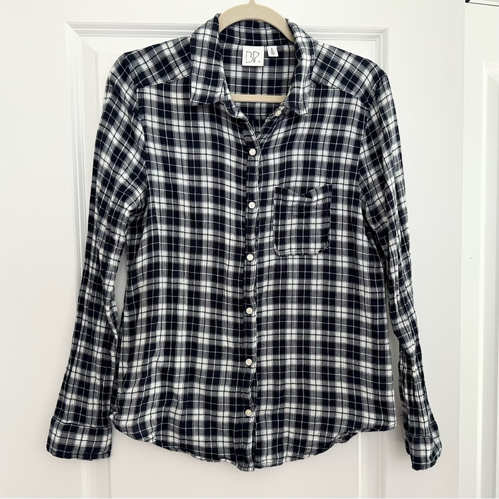 BP. Nordstrom Navy Blue & White Plaid Long Sleeve Button Down Shirt